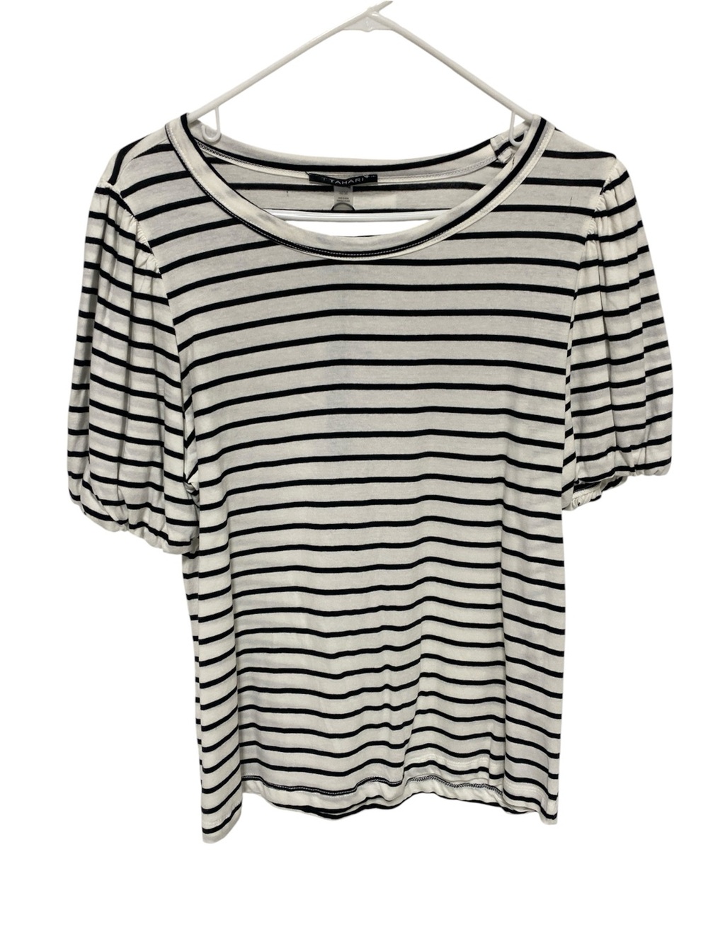 Tahari Black & White Striped Puff Bubble Sleeve Crewneck Tee